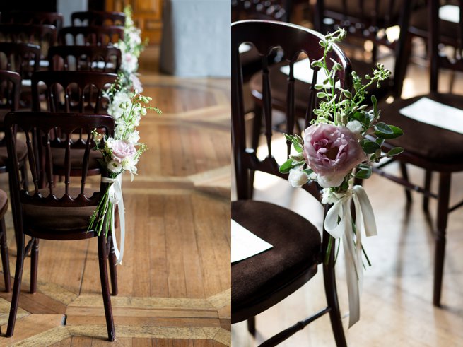 Wedding flowers on tiffany chairs | Kelly Chandler Consulting